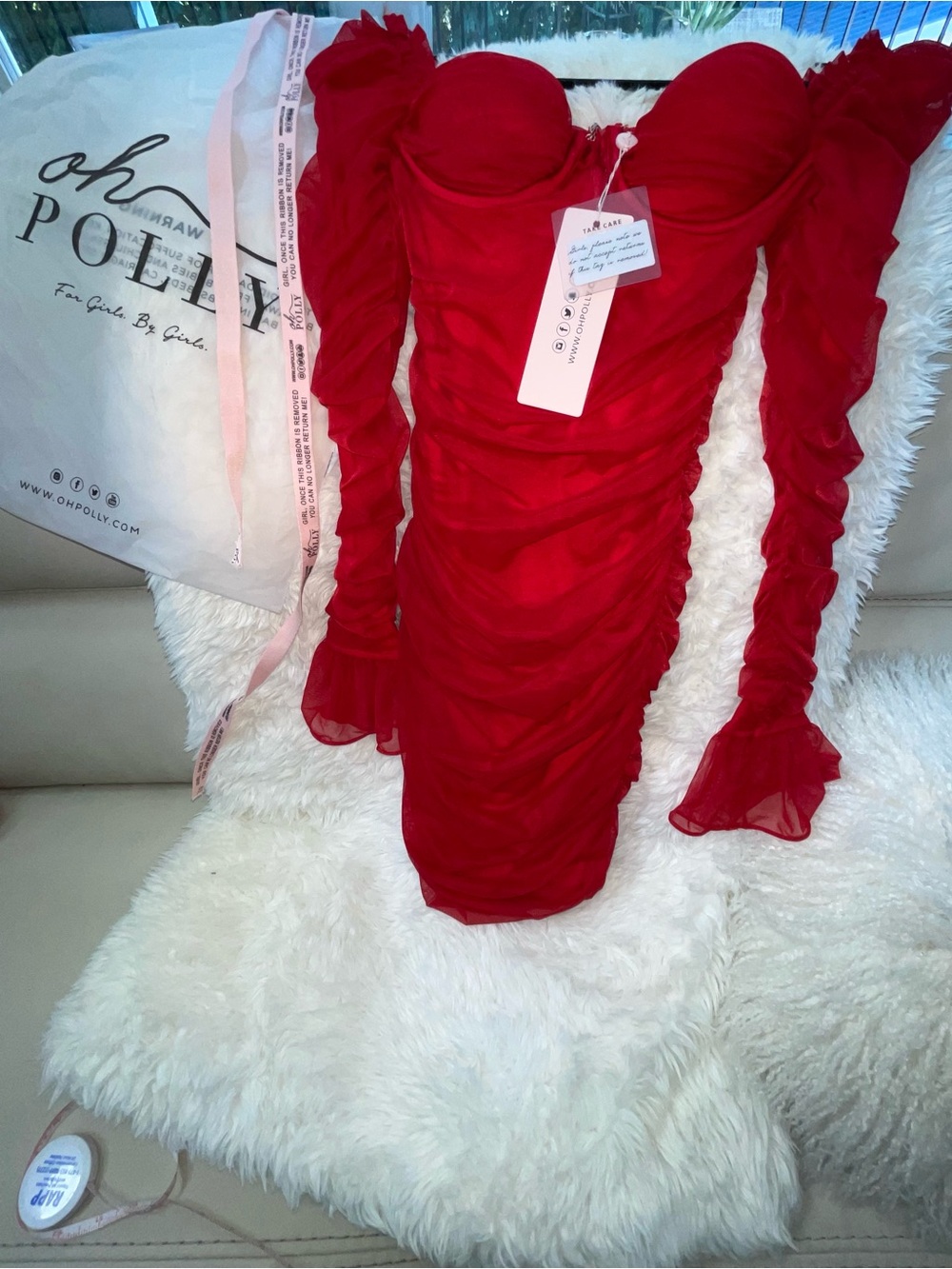 Oh Polly Red Ruched Long Sleeve Sweetheart Mini Dress